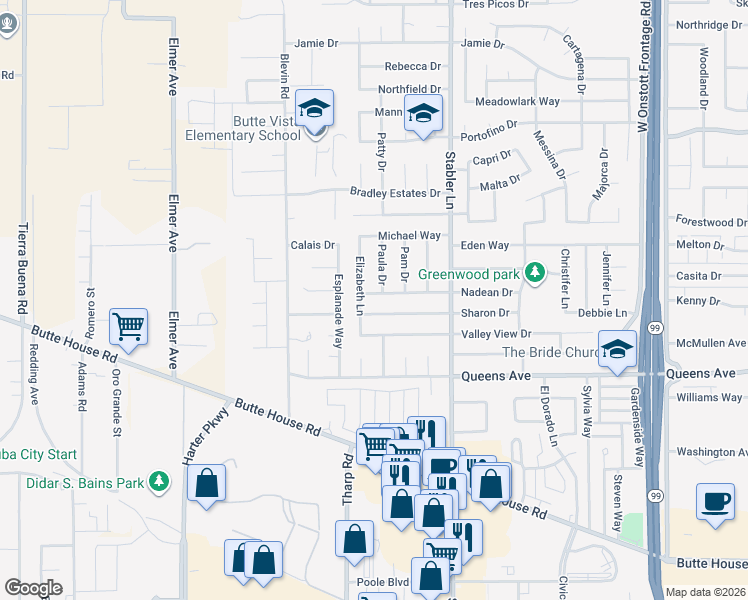 map of restaurants, bars, coffee shops, grocery stores, and more near 1691 Nadean Drive in Yuba City