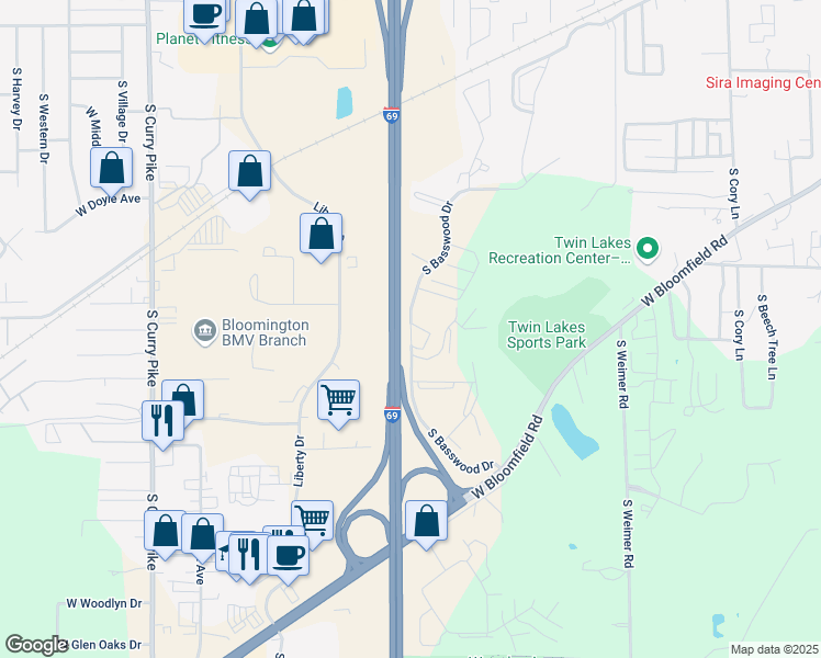 map of restaurants, bars, coffee shops, grocery stores, and more near South Basswood Drive in Bloomington