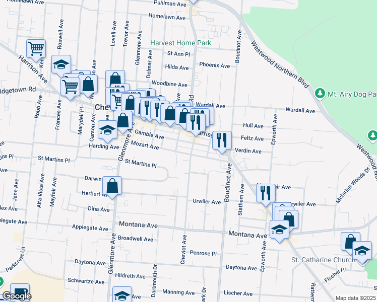 map of restaurants, bars, coffee shops, grocery stores, and more near 3204 Mozart Avenue in Cincinnati