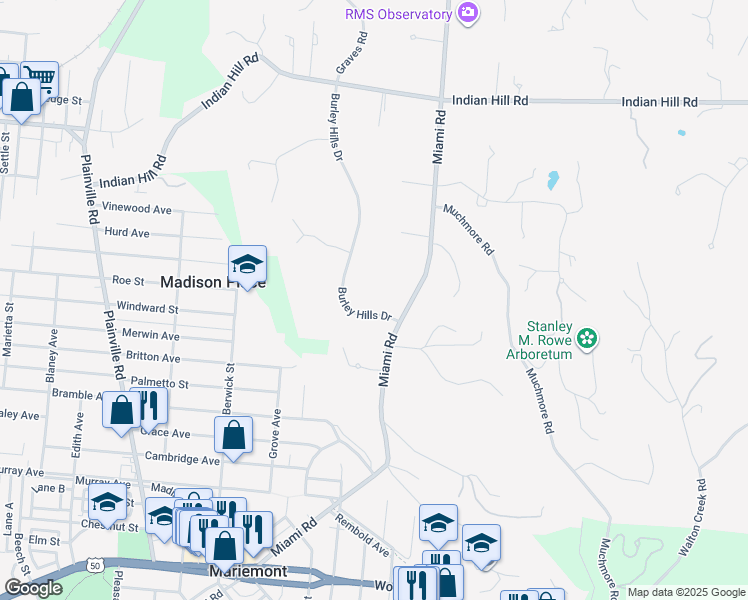 map of restaurants, bars, coffee shops, grocery stores, and more near 4750 Burley Hills Drive in Cincinnati
