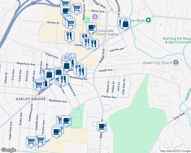 map of restaurants, bars, coffee shops, grocery stores, and more near 3349 Cardiff Avenue in Cincinnati