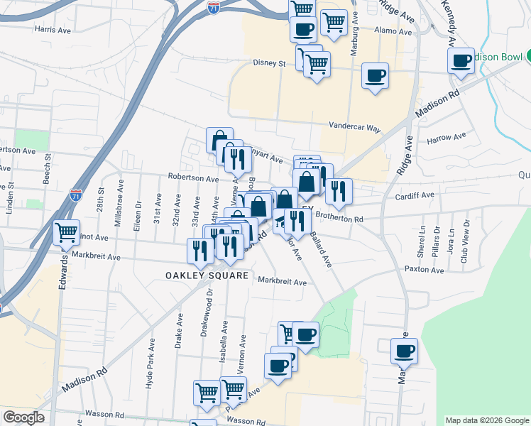 map of restaurants, bars, coffee shops, grocery stores, and more near 4224 Brownway Avenue in Cincinnati