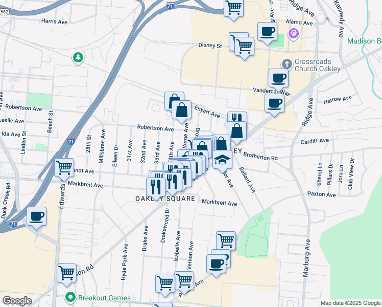 map of restaurants, bars, coffee shops, grocery stores, and more near 4301 Verne Avenue in Cincinnati