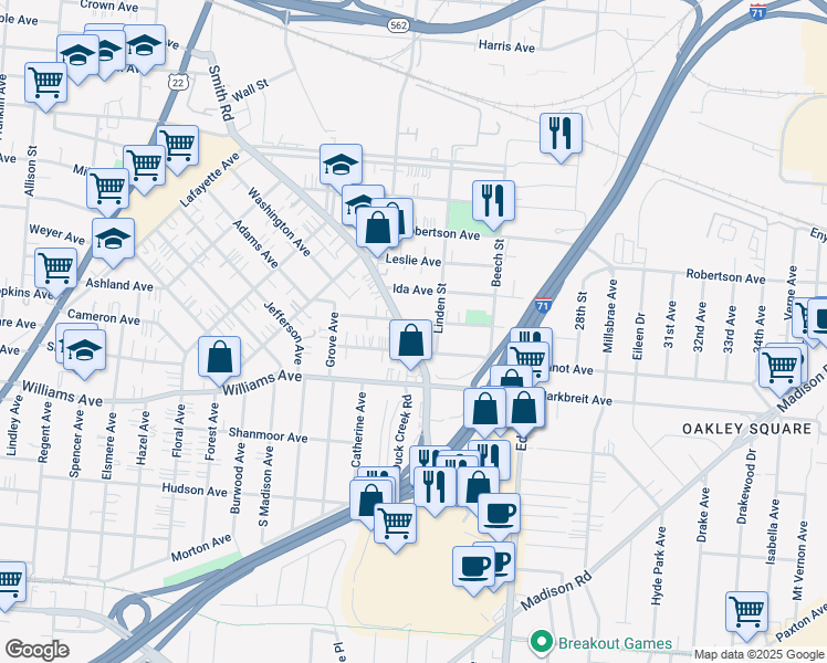 map of restaurants, bars, coffee shops, grocery stores, and more near 4300 Smith Road in Cincinnati