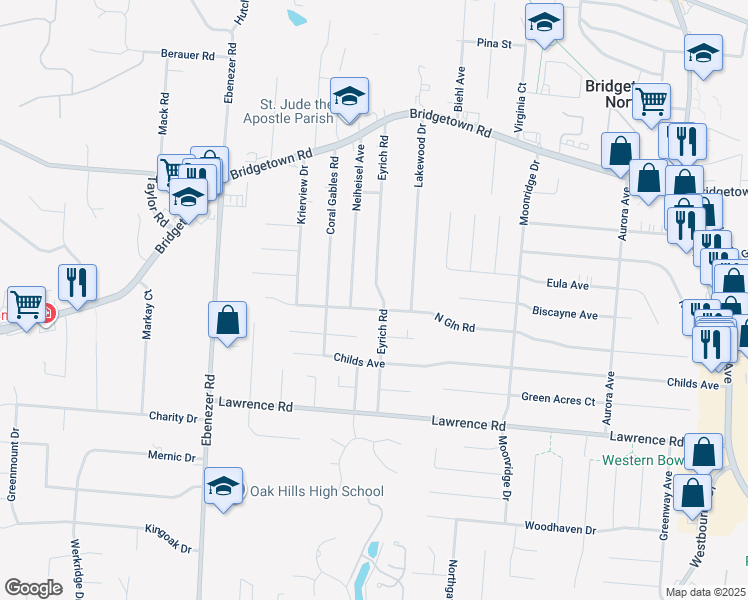map of restaurants, bars, coffee shops, grocery stores, and more near 3570 Neiheisel Avenue in Cincinnati