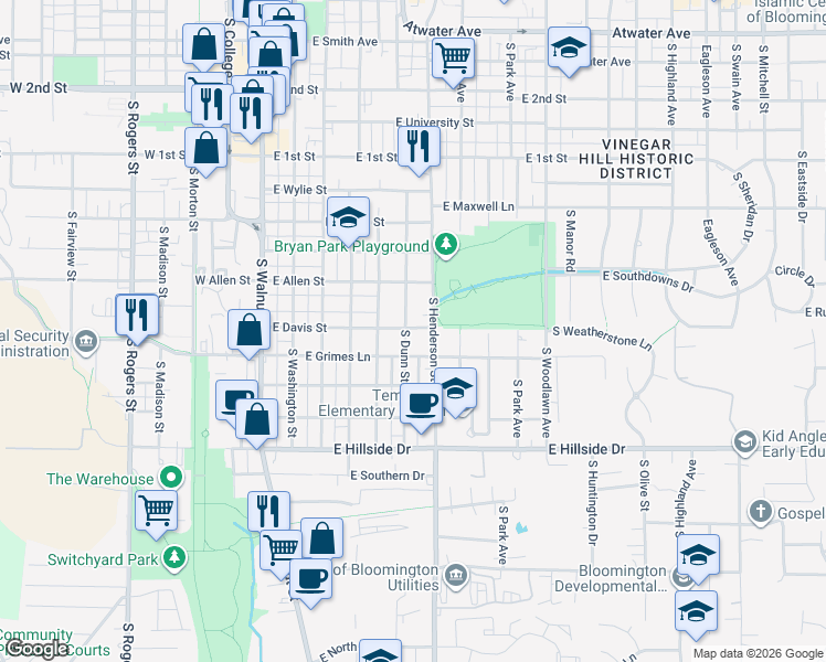 map of restaurants, bars, coffee shops, grocery stores, and more near 1026 South Henderson Street in Bloomington