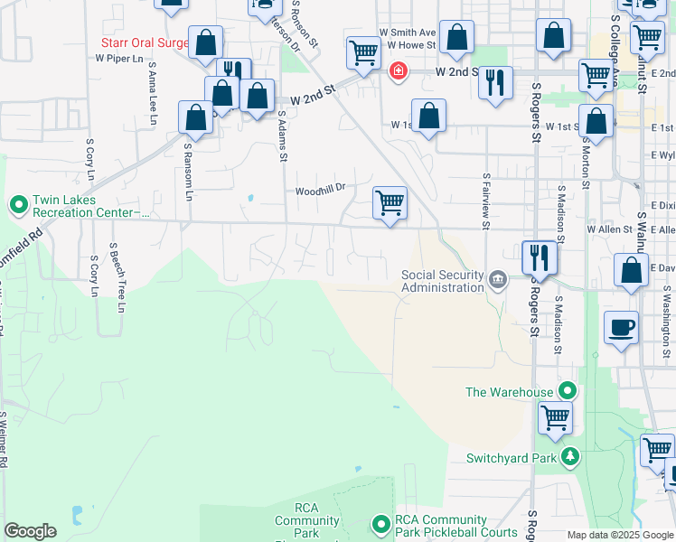 map of restaurants, bars, coffee shops, grocery stores, and more near 1377 West Allen Street in Bloomington