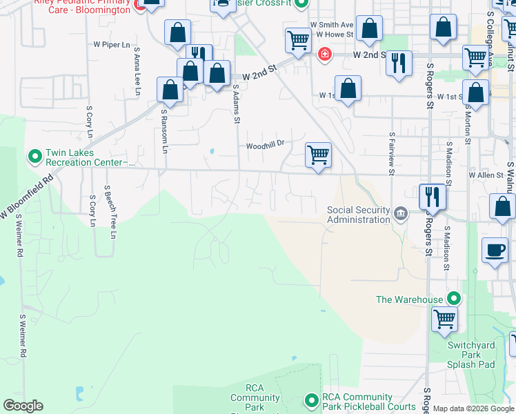 map of restaurants, bars, coffee shops, grocery stores, and more near 1469 West Allen Street in Bloomington