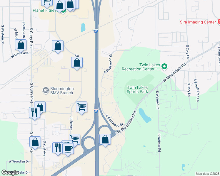 map of restaurants, bars, coffee shops, grocery stores, and more near 2901 West Julie's Way in Bloomington
