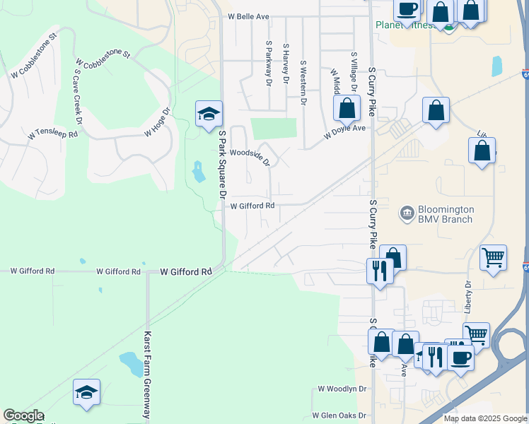 map of restaurants, bars, coffee shops, grocery stores, and more near in Bloomington