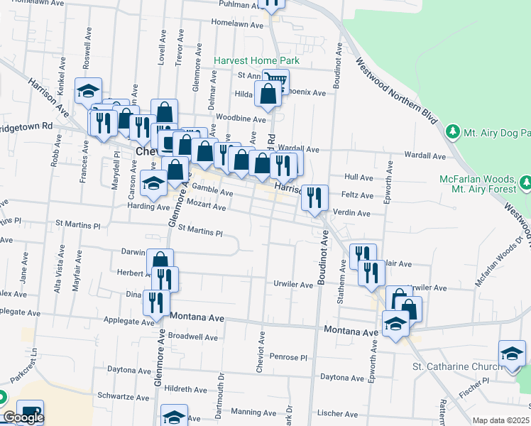 map of restaurants, bars, coffee shops, grocery stores, and more near 3323 Gamble Avenue in Cincinnati