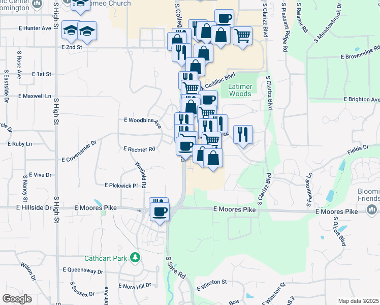 map of restaurants, bars, coffee shops, grocery stores, and more near 1155 South College Mall Road in Bloomington