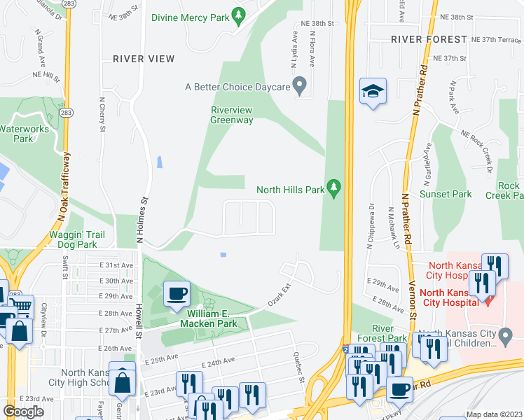 map of restaurants, bars, coffee shops, grocery stores, and more near 3315 North Tracy Avenue in Kansas City