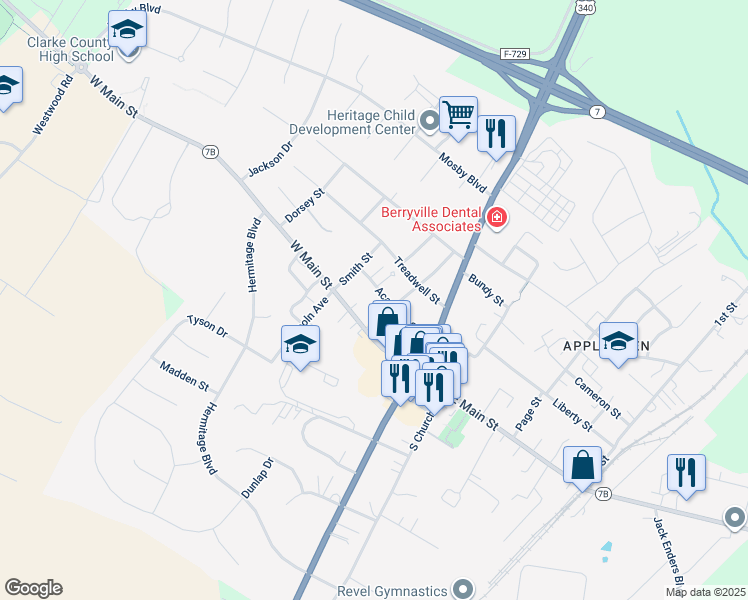 map of restaurants, bars, coffee shops, grocery stores, and more near 136 Rosemont Circle in Berryville