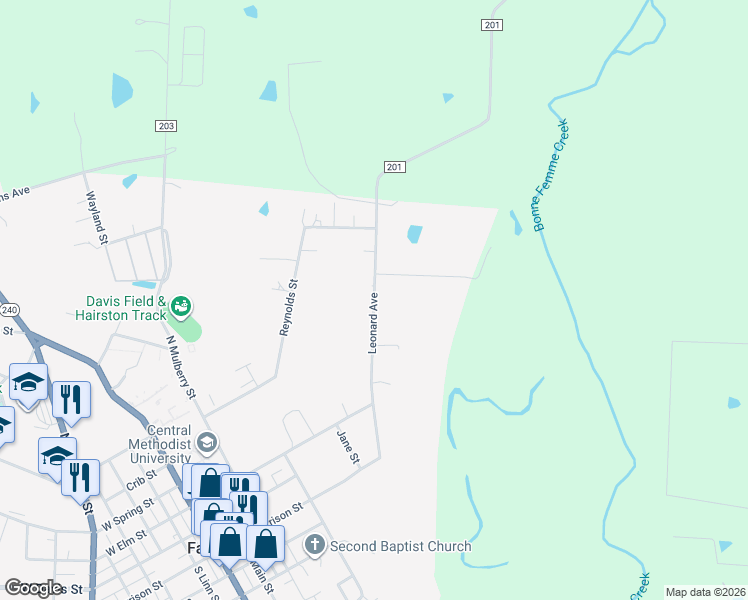 map of restaurants, bars, coffee shops, grocery stores, and more near Leonard Avenue in Fayette