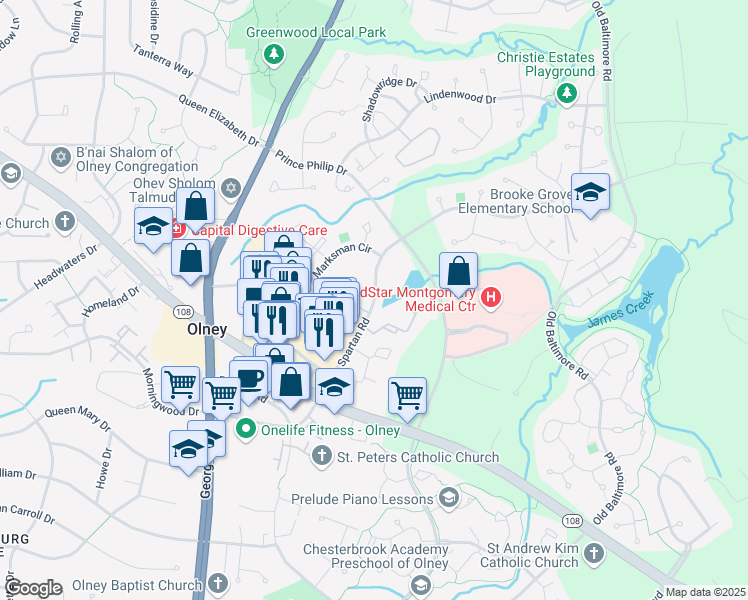map of restaurants, bars, coffee shops, grocery stores, and more near Spartan Road in Olney