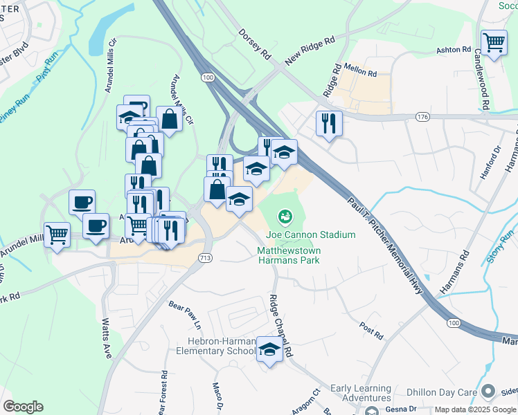 map of restaurants, bars, coffee shops, grocery stores, and more near 7551 Teague Road in Hanover