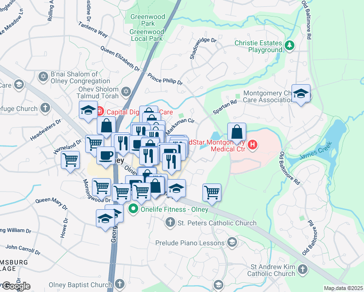 map of restaurants, bars, coffee shops, grocery stores, and more near 28 Castle Garden Court in Olney