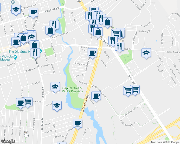 map of restaurants, bars, coffee shops, grocery stores, and more near 540 South Dupont Highway in Dover