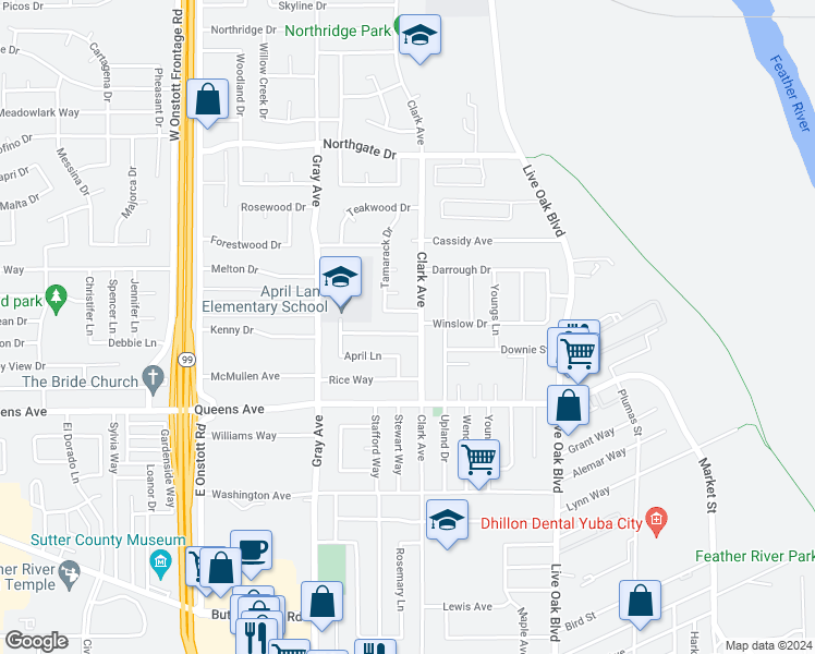 map of restaurants, bars, coffee shops, grocery stores, and more near 715 Winslow Drive in Yuba City