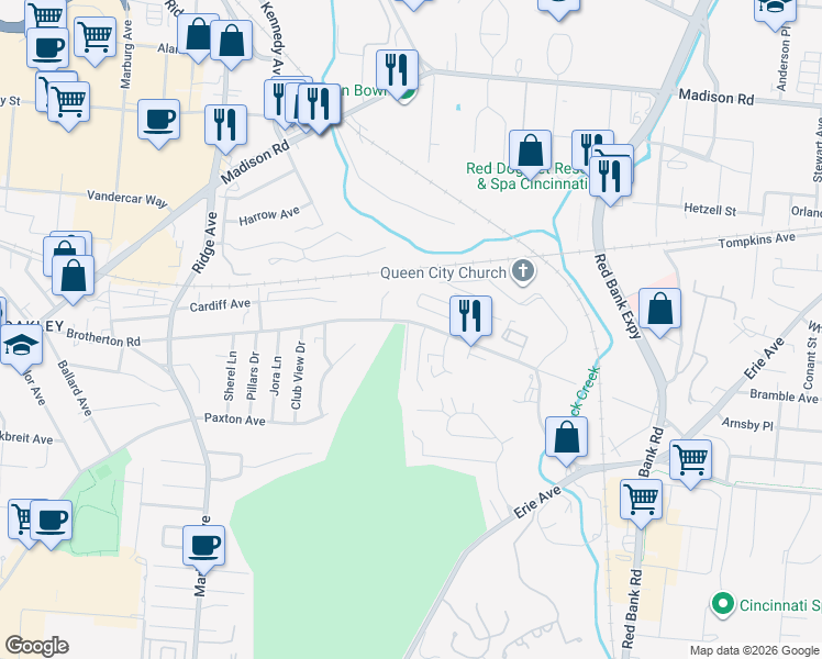 map of restaurants, bars, coffee shops, grocery stores, and more near 3680 Brotherton Road in Cincinnati