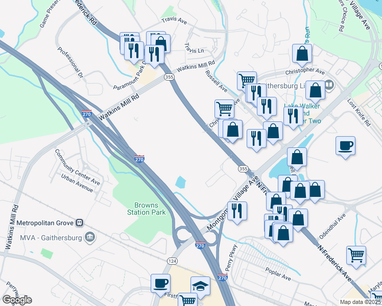 map of restaurants, bars, coffee shops, grocery stores, and more near 700 North Frederick Road in Gaithersburg