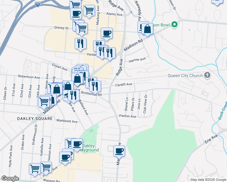 map of restaurants, bars, coffee shops, grocery stores, and more near 3349 Cardiff Avenue in Cincinnati
