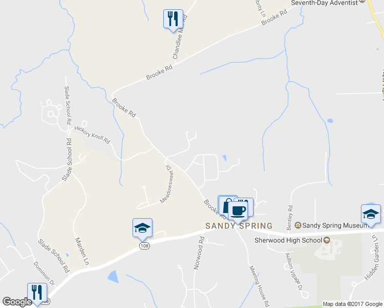 map of restaurants, bars, coffee shops, grocery stores, and more near 1008 Oakwood Manor Drive in Sandy Spring