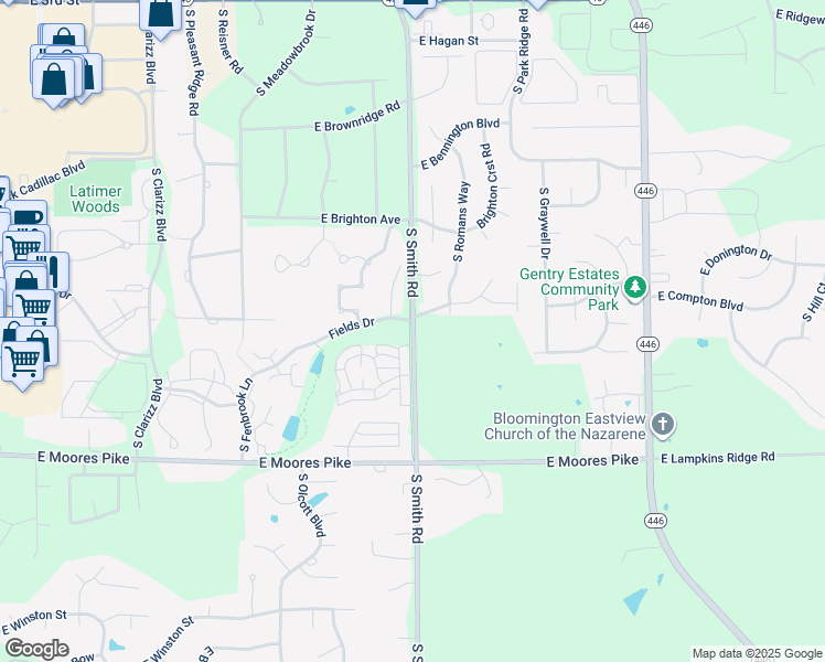 map of restaurants, bars, coffee shops, grocery stores, and more near 971 S Smith Rd in Bloomington