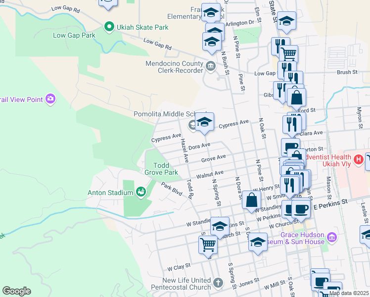 map of restaurants, bars, coffee shops, grocery stores, and more near 798 Dora Avenue in Ukiah