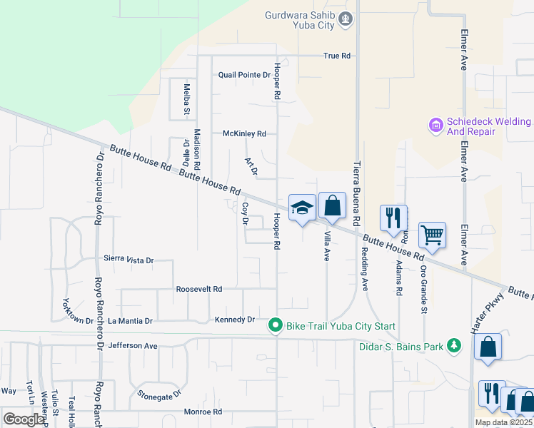 map of restaurants, bars, coffee shops, grocery stores, and more near 2784 Butte House Road in Yuba City