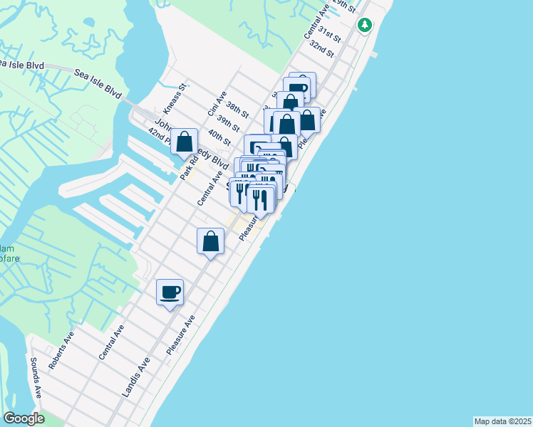 map of restaurants, bars, coffee shops, grocery stores, and more near 4200 Boardwalk in Sea Isle City