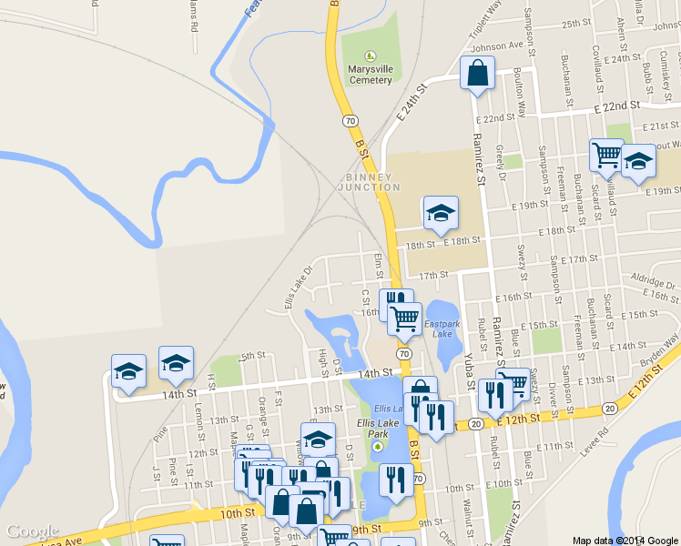 map of restaurants, bars, coffee shops, grocery stores, and more near 1720 C Street in Marysville