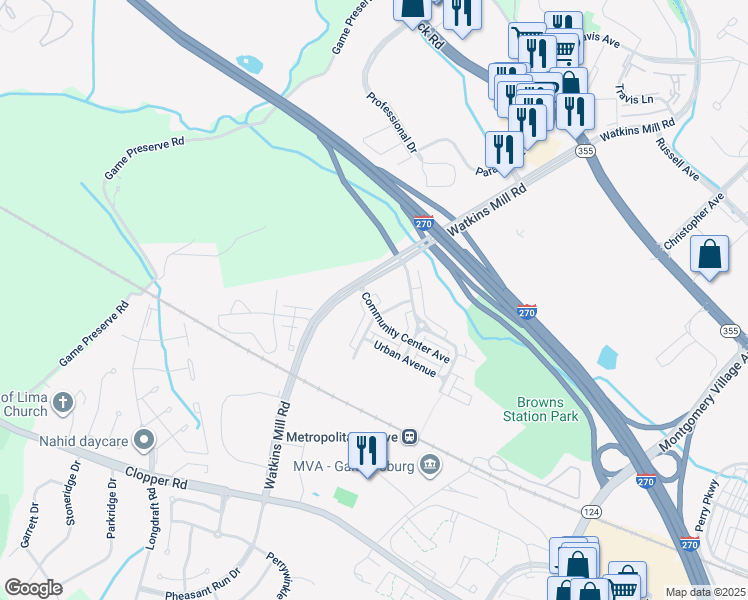 map of restaurants, bars, coffee shops, grocery stores, and more near 124 Community Center Avenue in Gaithersburg