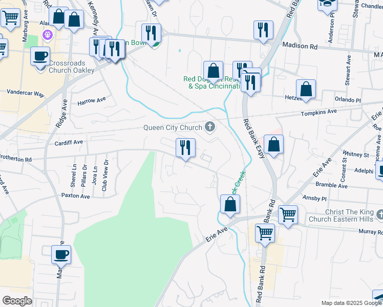 map of restaurants, bars, coffee shops, grocery stores, and more near 4212 Allendorf Drive in Cincinnati