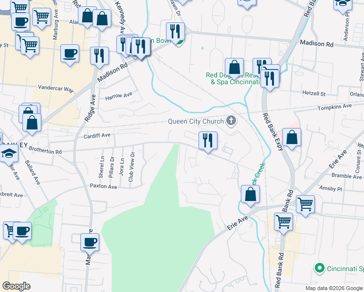 map of restaurants, bars, coffee shops, grocery stores, and more near 3680 Brotherton Road in Cincinnati
