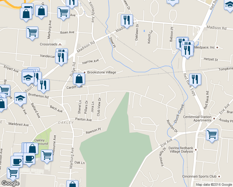 map of restaurants, bars, coffee shops, grocery stores, and more near 3647 Brotherton Road in Cincinnati