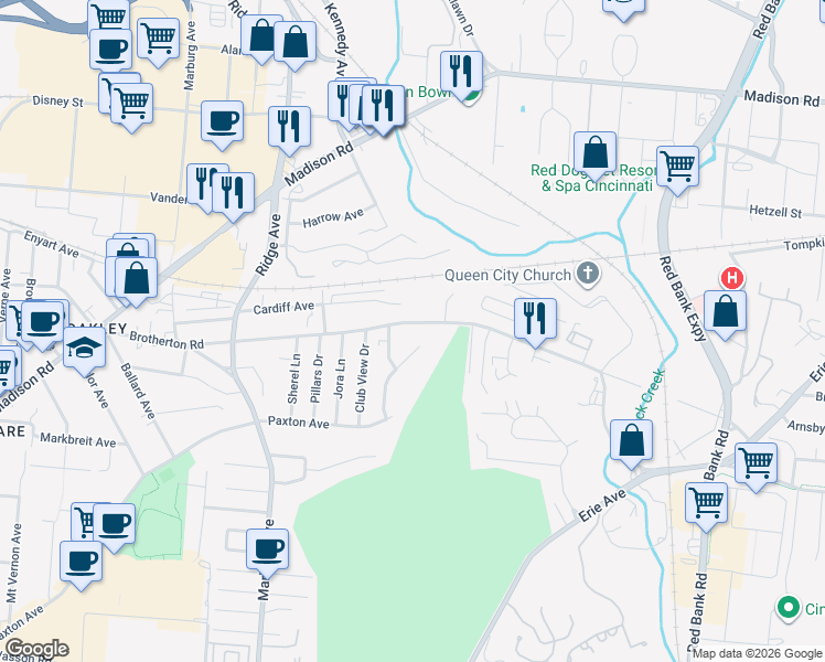 map of restaurants, bars, coffee shops, grocery stores, and more near 3647 Brotherton Road in Cincinnati