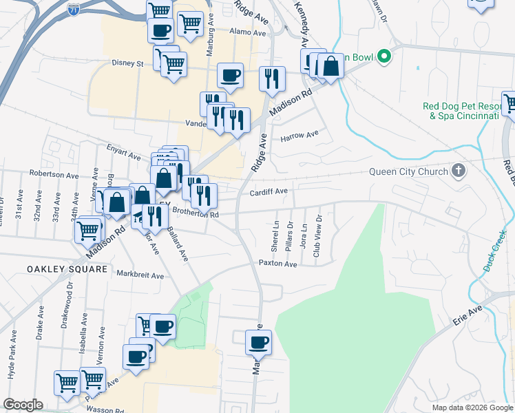 map of restaurants, bars, coffee shops, grocery stores, and more near 3423 Cardiff Avenue in Cincinnati