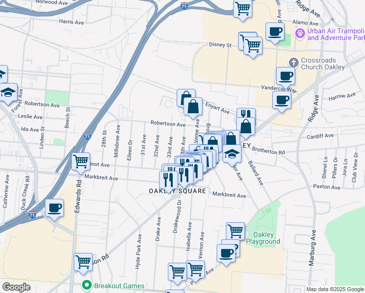 map of restaurants, bars, coffee shops, grocery stores, and more near 4221 34th Avenue in Cincinnati