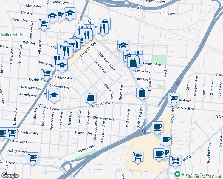 map of restaurants, bars, coffee shops, grocery stores, and more near 4203 Forest Avenue in Norwood