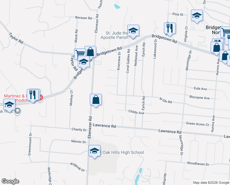 map of restaurants, bars, coffee shops, grocery stores, and more near 3567 Krierview Drive in Cincinnati
