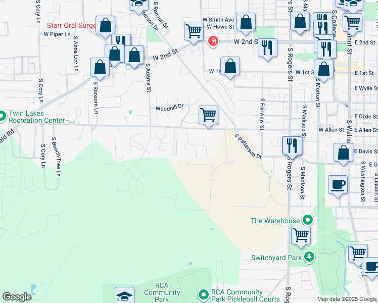 map of restaurants, bars, coffee shops, grocery stores, and more near 1283 West Allen Street in Bloomington