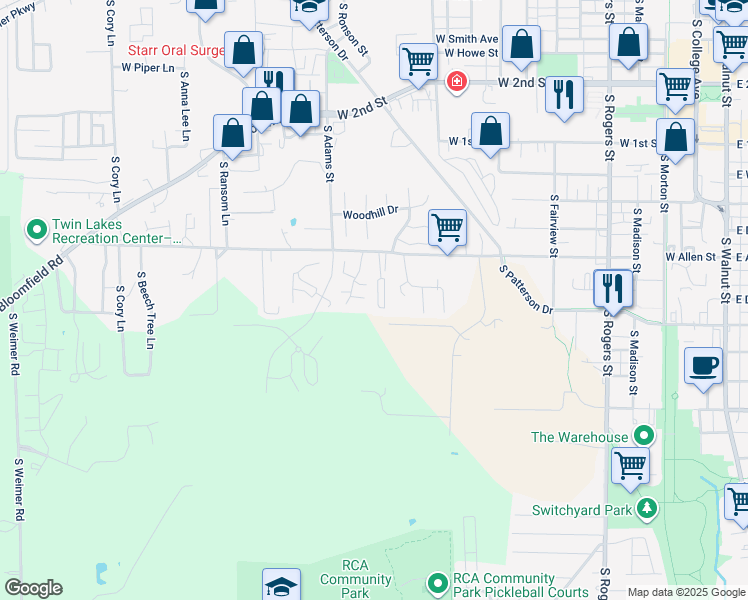map of restaurants, bars, coffee shops, grocery stores, and more near 1377 West Allen Street in Bloomington