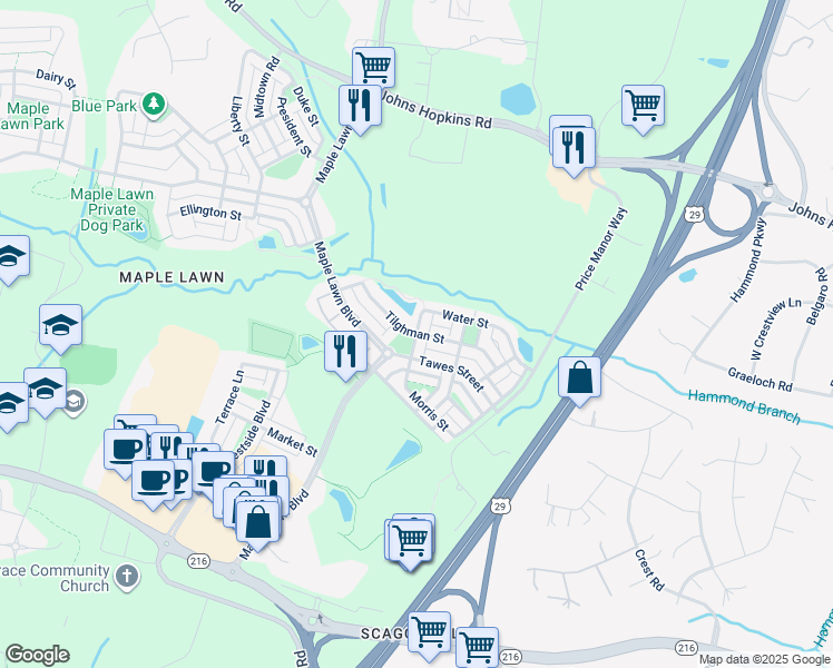 map of restaurants, bars, coffee shops, grocery stores, and more near 7704 Water Street in Fulton