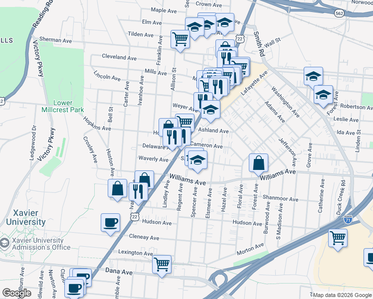 map of restaurants, bars, coffee shops, grocery stores, and more near 4120 Montgomery Road in Cincinnati