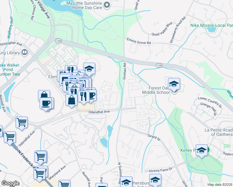 map of restaurants, bars, coffee shops, grocery stores, and more near 18102 Royal Bonnet Circle in Gaithersburg