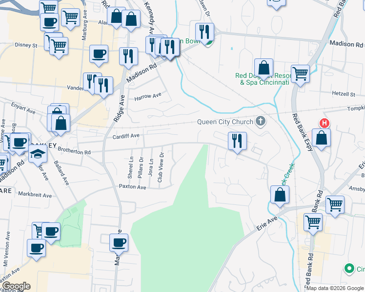 map of restaurants, bars, coffee shops, grocery stores, and more near 3647 Brotherton Road in Cincinnati