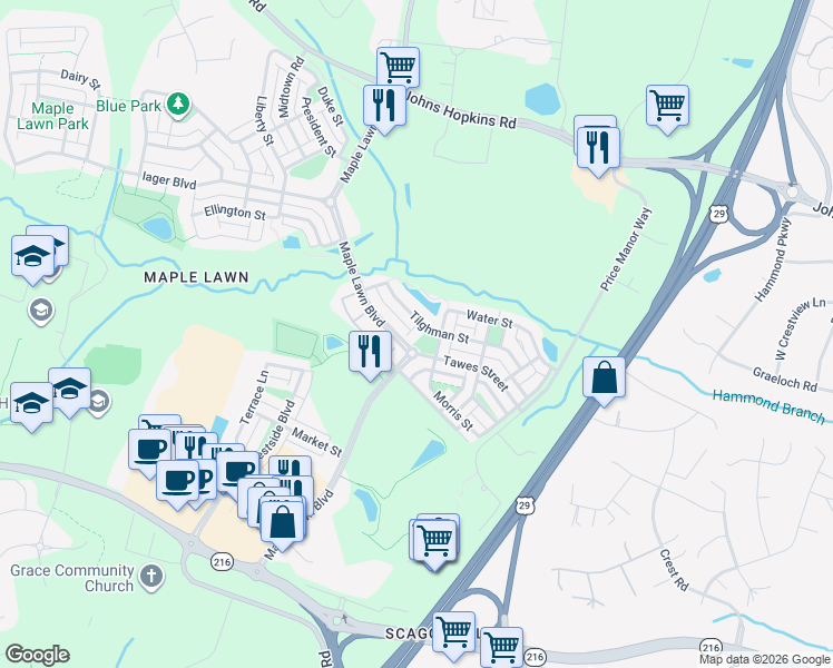 map of restaurants, bars, coffee shops, grocery stores, and more near 7778 Tilghman Street in Fulton
