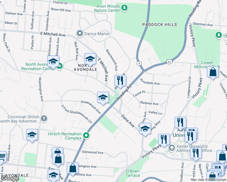 map of restaurants, bars, coffee shops, grocery stores, and more near 3901 Rose Hill Ave in Cincinnati